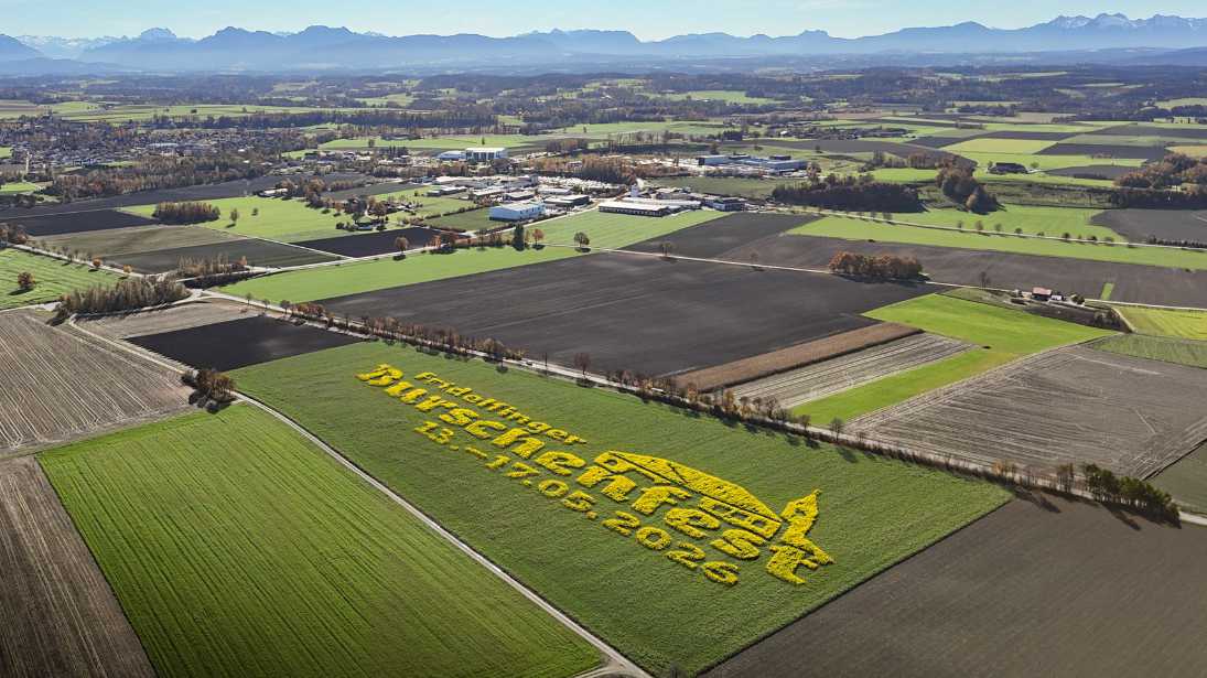 Sonnenblumen-Geobranding auf einem Acker nahe Salzburg Airport, großflächiger Schriftzug für ein Event, sichtbar aus der Luft, umgesetzt mit präziser Ansaat und heimischen Blühpflanzen für nachhaltige Außenwerbung